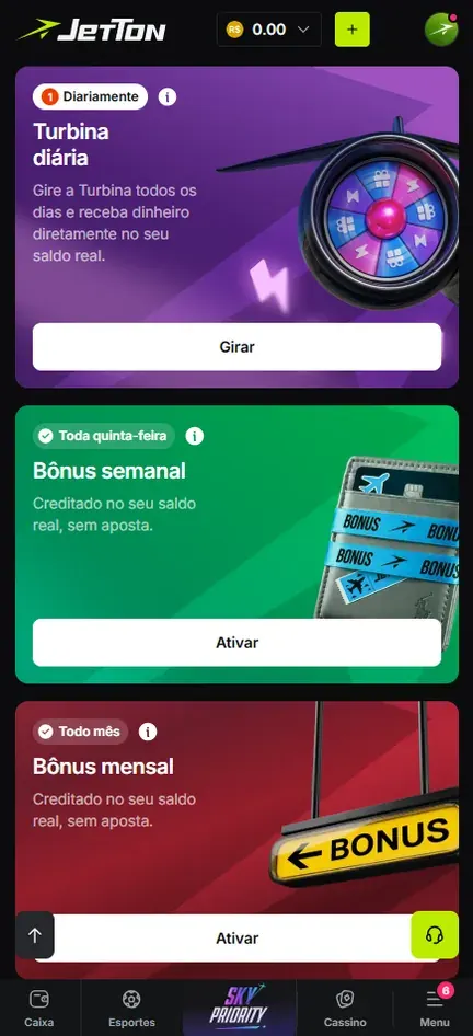 Cartões de oferta da Jetton com as marcas Diariamente, Toda quinta-feira e Todo mês, para Turbina diária, Bônus semanal e Bônus mensal