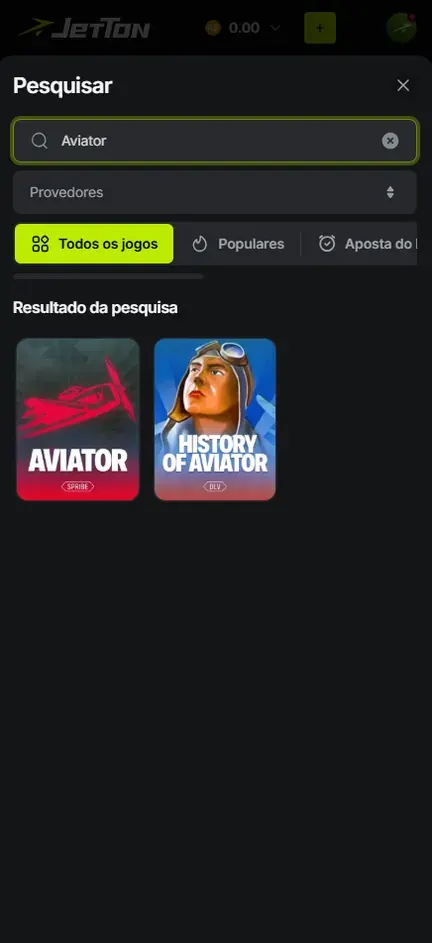 Pesquisar da Jetton com Aviator digitado e duas capas no resultado: Aviator da Spribe, vermelha, e History of Aviator, azul, com um piloto