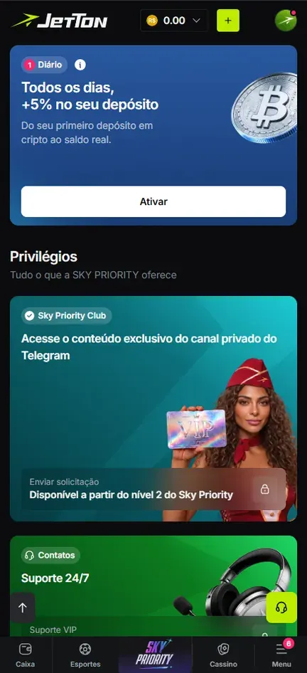 Seção Privilégios do Sky Priority na Jetton com o card Sky Priority Club, acesso ao conteúdo do canal privado do Telegram a partir do nível 2