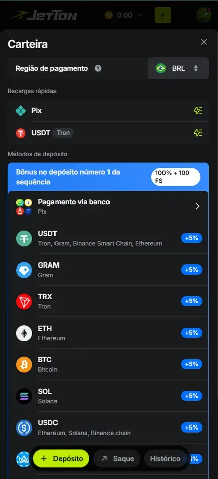 Carteira da Jetton na aba Depósito com Região de pagamento BRL, faixa Bônus no depósito número 1 da sequência e lista de métodos com Pagamento via banco (Pix) e moedas marcadas com +5%