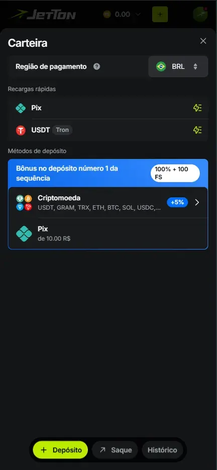 Depósito na Carteira: região BRL, atalhos Pix e USDT (Tron), faixa azul de 100% + 100 FS e o Pix com mínimo de 10.00 R$
