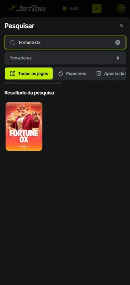 Busca da Jetton com Fortune Ox digitado e uma só capa no resultado, assinada pela PG Soft
