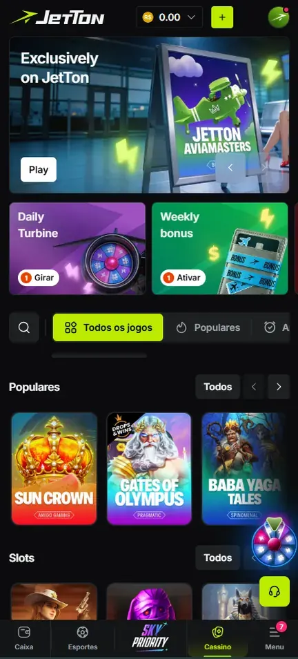 Lobby da Jetton no celular com saldo em R$ no topo, banners Daily Turbine e Weekly bonus, seção Populares e barra inferior com Caixa, Esportes, Sky Priority, Cassino e Menu