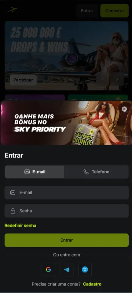 Tela Entrar da Jetton no celular com a aba E-mail ativa, campos E-mail e Senha, link Redefinir senha, botão Entrar e ícones de Google, Telegram e TON