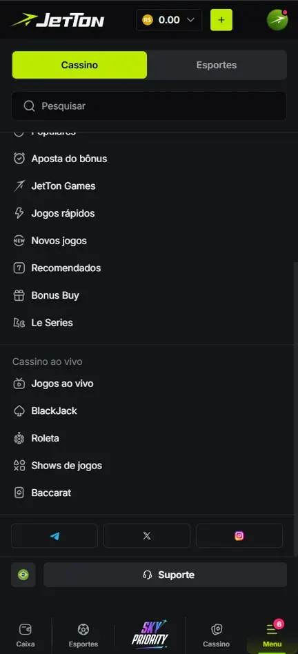 Menu da Jetton com a aba Cassino ativa, parte do grupo Jogos e o grupo Cassino ao vivo com Jogos ao vivo, BlackJack, Roleta, Shows de jogos e Baccarat