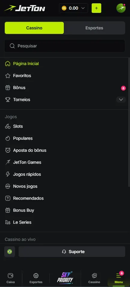 Menu do cassino na Jetton com Página inicial, Favoritos, Bônus e Torneios no topo, o bloco Jogos e o botão Suporte ao pé da lista