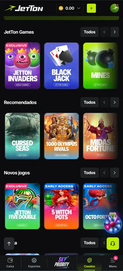 Faixas JetTon Games, Recomendados e Novos jogos no lobby da Jetton, com Jetton Invaders, Black Jack, Mines e Jetton Five Double