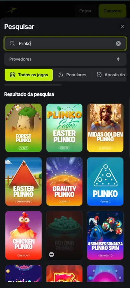 Busca por Plinko na Jetton com várias capas, entre elas Forest Plinko, duas Easter Plinko, Gravity Plinko, o Plinko azul da Spribe e Chicken Plinko