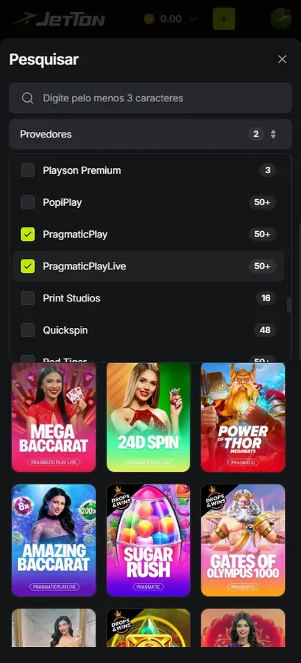 Lista de provedores na busca da Jetton com dois estúdios da Pragmatic selecionados e, abaixo, mesas de bacará entre capas de slots