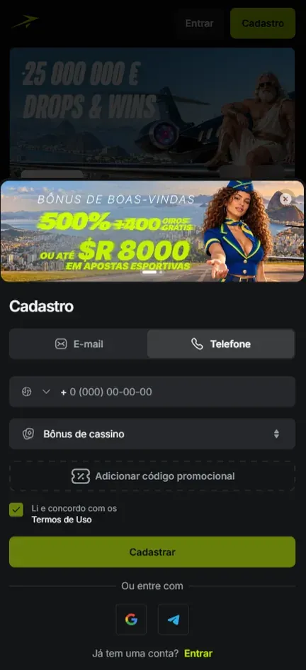 Cadastro da Jetton na aba Telefone com campo de número e país, abaixo de um banner de 500% + 400 giros grátis ou até R$ 8000 em apostas esportivas