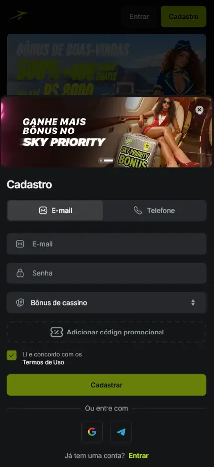 Tela Cadastro da Jetton na aba E-mail, com campos de e-mail e senha, seletor Bônus de cassino e atalhos Google e Telegram