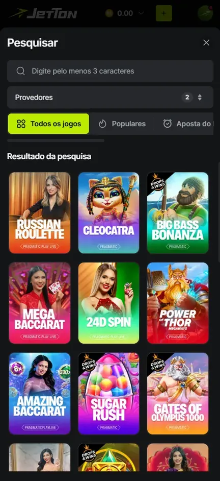 Resultado da pesquisa na Jetton com as abas Todos os jogos, Populares e Aposta do bônus e capas de Cleocatra, Big Bass Bonanza e Sugar Rush