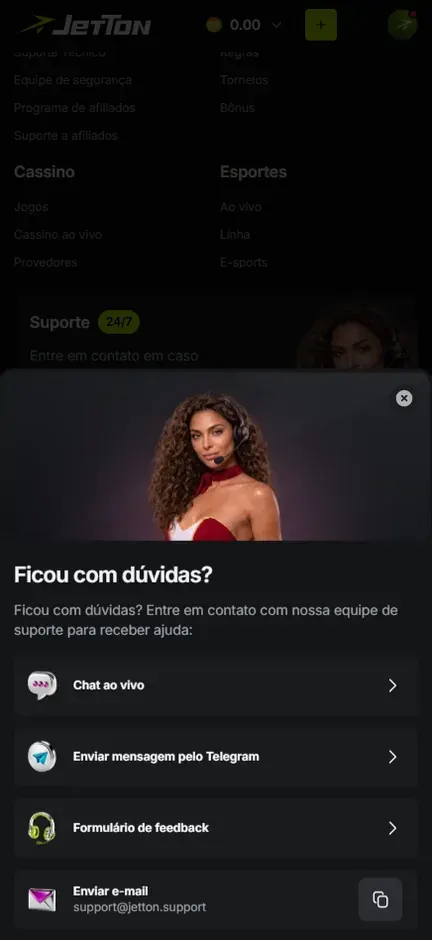 Pop-up Ficou com dúvidas? sobreposto ao rodapé do site da Jetton, com a imagem de uma mulher de headset e quatro formas de contato