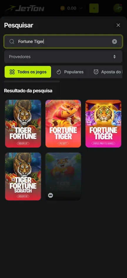 Busca Pesquisar da Jetton com Fortune Tiger digitado e resultados de vários estúdios, entre eles o Fortune Tiger da PG Soft