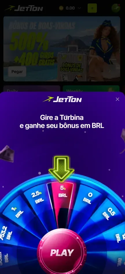Pop-up da Turbina com o título Gire a Turbina e ganhe seu bônus em BRL, seta sobre a roda de valores e botão PLAY
