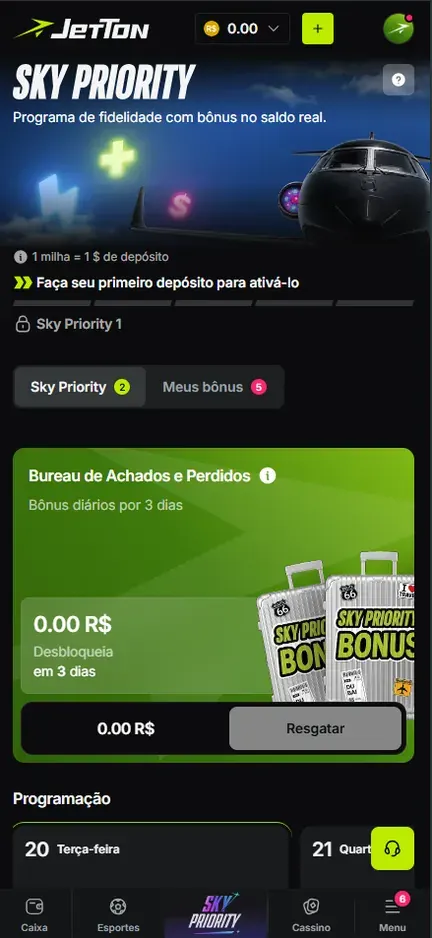 Sky Priority no celular: regra 1 milha = 1 $ de depósito, aviso para ativar no primeiro depósito, abas Sky Priority e Meus bônus e o bloco Bureau de Achados e Perdidos