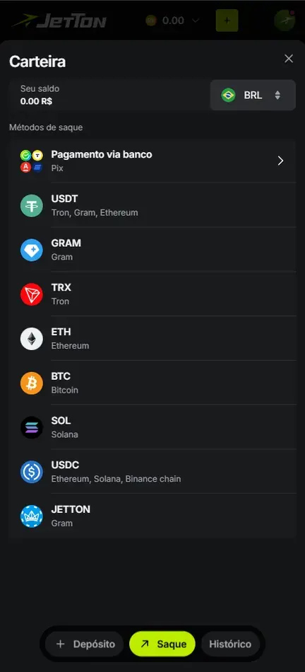Carteira aberta em Saque: saldo em R$, Pagamento via banco (Pix) em primeiro e, abaixo, USDT, GRAM, TRX, ETH, BTC, SOL, USDC e JETTON